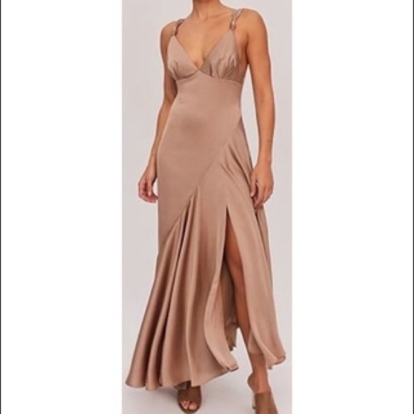 NWOT FAME AND PARTNERS Zephyra Matte Satin Asymmetrical Maxi Dress in Dark Tan - Picture 2 of 14